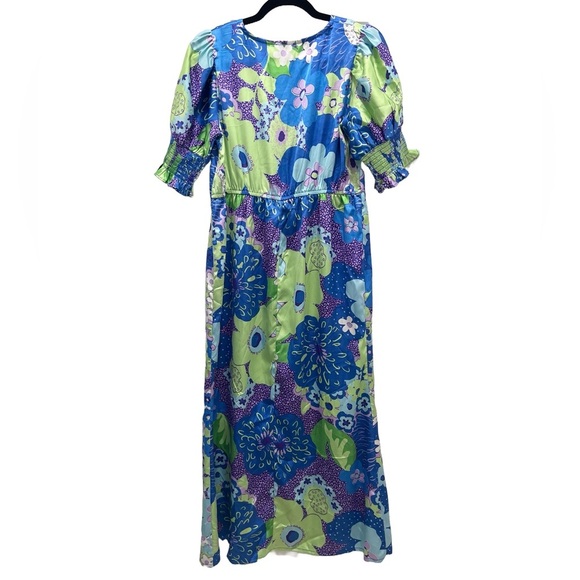 ASOS | Petite Satin Midi Tea Dress 8P Blue Green Abstract Floral Print - Picture 4 of 15